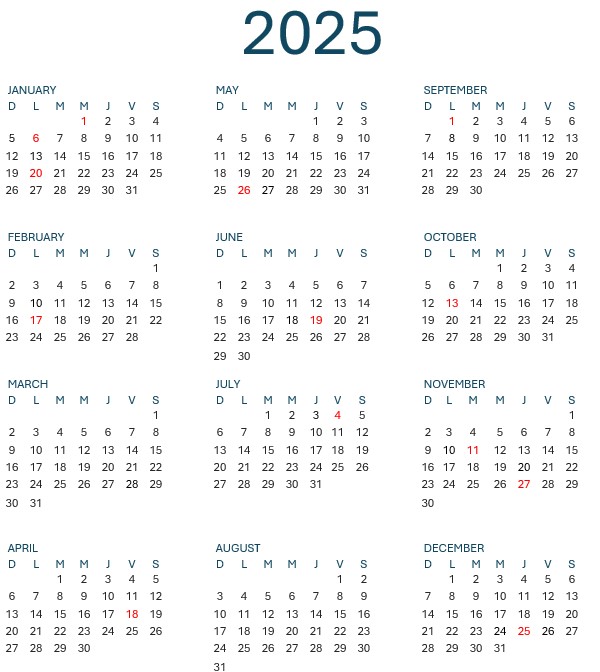 Calendario Ingles 2025